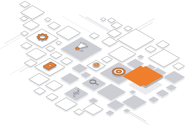 Abstract illustration of staggered squares in white, gray, and orange, with some containing business-related icons such as a gear, megaphone, magnifying glass, target, and graph, arranged diagonally.