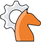 An icon showing an orange chess knight in front of a gray gear, symbolizing strategy and engineering or problem-solving.
