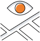 A simple line drawing of an eye with an orange iris above two intersecting diagonal lines, resembling the shape of a fish skeleton.