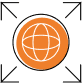 An orange circle with a white globe icon in the center, surrounded by four black arrows pointing outward from each corner, indicating expansion or global reach.