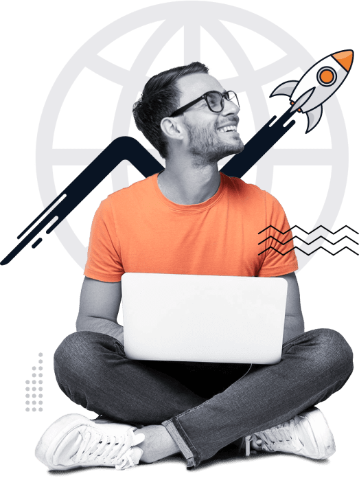 A smiling man in glasses and an orange shirt sits cross-legged with a laptop. Behind him are graphic elements: a rising arrow, a rocket, and a faint globe outline, suggesting growth and innovation.