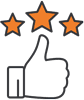 A hand giving a thumbs up below three orange stars, symbolizing positive feedback or a high rating.
