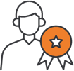 Outline of a person with an orange award ribbon featuring a white star positioned over their shoulder, representing achievement or recognition.