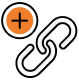 An icon of a chain link with a black outline and an orange circle containing a plus sign, suggesting the action to add or create a link.