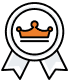 A white award ribbon with a circular center featuring an orange crown icon, symbolizing achievement or excellence.