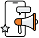 Icon of a smartphone with a speech bubble, a megaphone in front, and a star on the side, symbolizing digital marketing or online promotion through mobile devices.