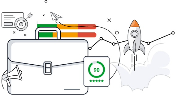 Illustration of a briefcase, a rocket launching upward, a rating dial showing 90 with five stars, and business-related icons, symbolizing growth and success.