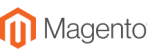 Magento logo featuring an orange geometric emblem resembling an M to the left, followed by the word Magento in gray text on a light background.