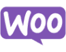 Purple speech bubble with the white, bold text WOO inside, representing the WooCommerce logo.