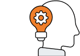 Outline of a human head with an orange light bulb containing a white gear inside, symbolizing ideas, innovation, or creative thinking.
