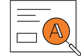 A simple illustration of a document with text lines and a rectangle, featuring a magnifying glass highlighting a large orange letter A on the page.