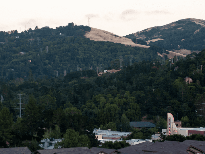 A landscape view of forested hills with power lines and a few houses, with rooftops and a tall sign for a cinema visible in the lower part of the image. The hills have a mix of green and dry areas.