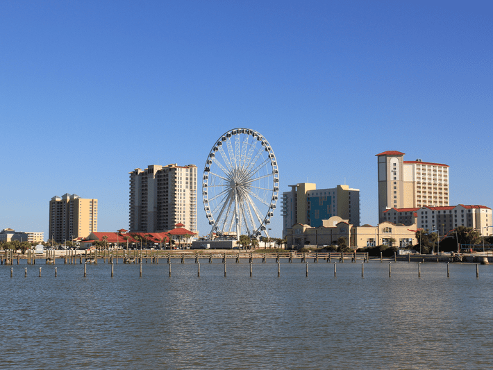 A large Ferris wheel stands among tall buildings and hotels along a waterfront, with calm water and clear blue sky in the foreground.