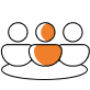 Simple line drawing of three people sitting together in a semicircle, with the center figure highlighted in orange.