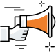 Illustration of a hand holding an orange megaphone, with motion lines and decorative sparkles suggesting announcement or communication.