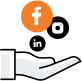 A hand is shown holding three social media icons: Facebook (orange circle), LinkedIn (black circle), and Instagram (black circle).