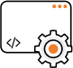 An icon showing a browser window with three orange dots and a code symbol, next to a gear with an orange center, representing web development or software configuration.