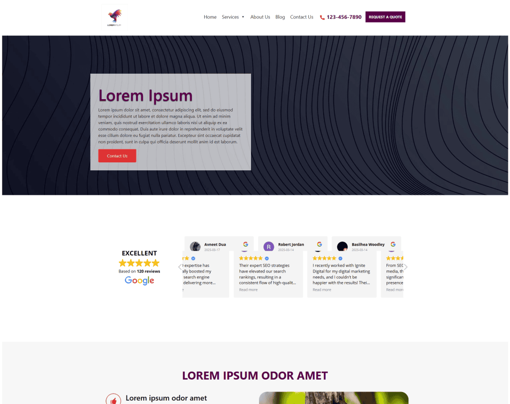 A website homepage with a dark, abstract wavy background, a large Lorem Ipsum text box, a red Contact Us button, customer review ratings, and a top menu with contact info and a Request a Quote button.